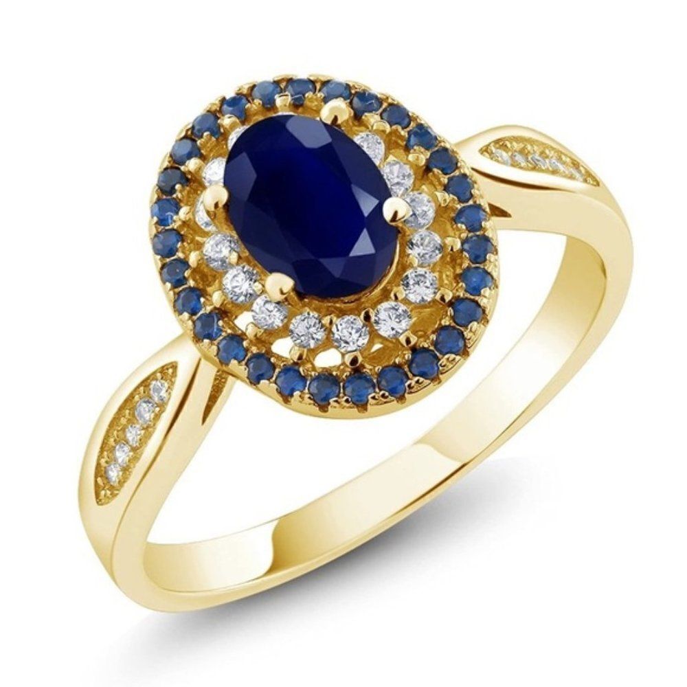 18K Yellow Gold 925 Sterling Silver with Blue Sapphire and Cubic Zirconia Ring